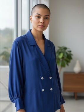 Chaus Blue Button Front Blouse Size 12 Long Sleeve Classic Work Top